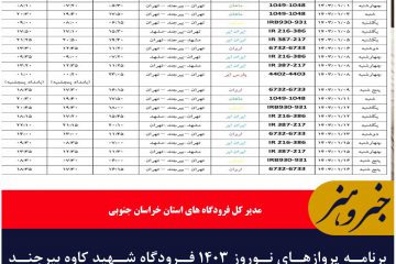 برنامه پروازهای نوروز ۱۴۰۳ فرودگاه شهید کاوه بیرجند آغاز گردیده است