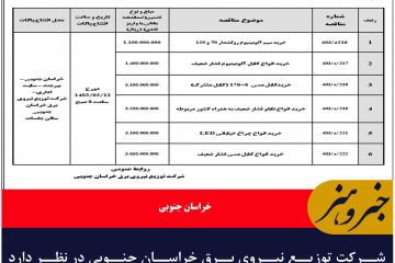 شرکت توزیع نیروی برق خراسان جنوبی در نظر دارد  نسبت به برگزاری مناقصات عمومی اقدم کند